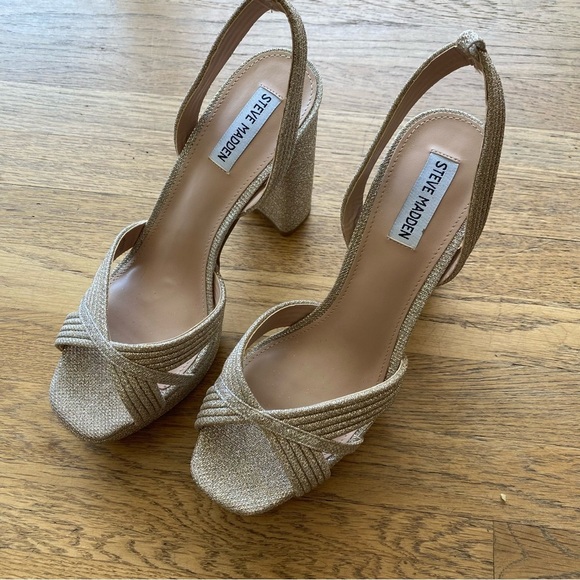 Steve Madden Laurel Gold Glitter Platform Ankle Strap High Heel Sandals size 10 - Picture 12 of 12